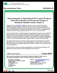 Discontinuation of agricultural pest control products under re-evaluation and proposed changes to maximum residue limits : update 3