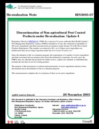 Discontinuation of non-agricultural pest control products under re-evaluation : update 4
